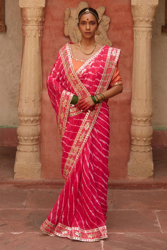 Gulnar – Rani Pink Leheriya Saree with Terracotta Blouse