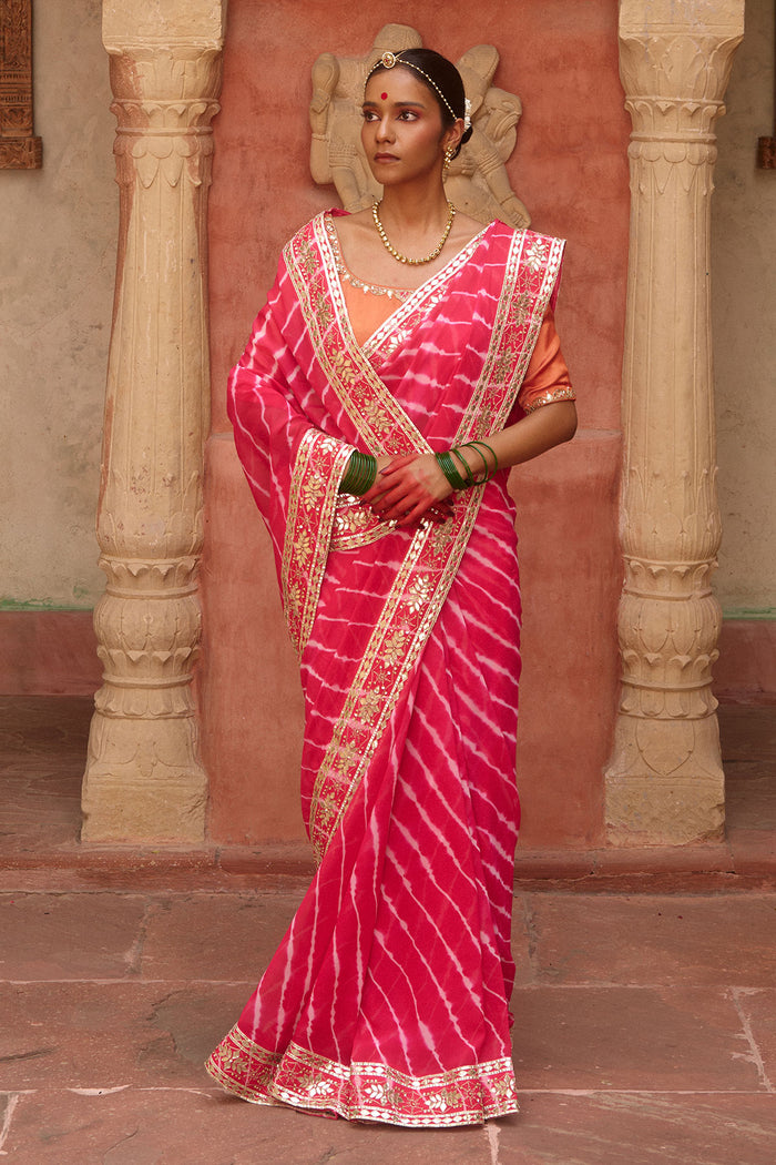 Gulnar – Rani Pink Leheriya Saree with Terracotta Blouse