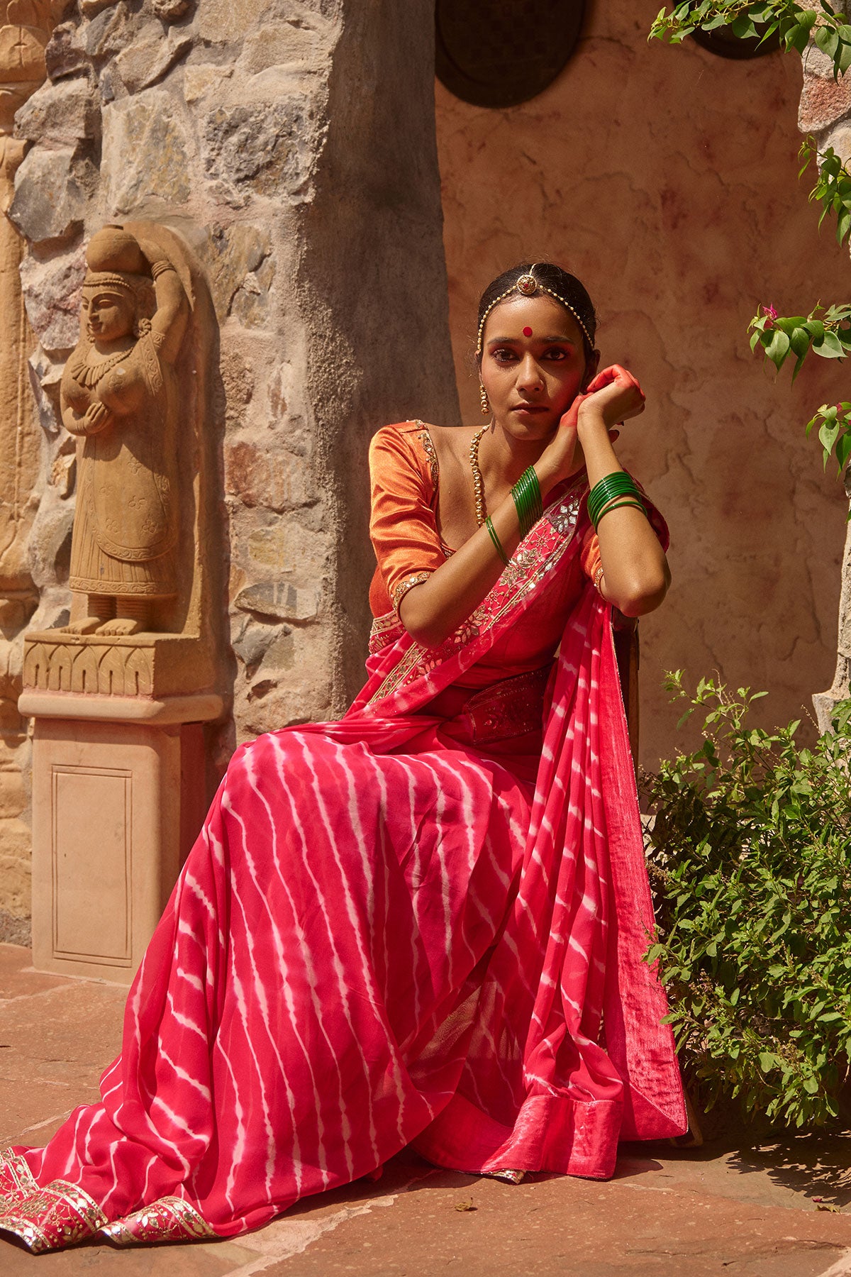Gulnar – Rani Pink Leheriya Saree with Terracotta Blouse