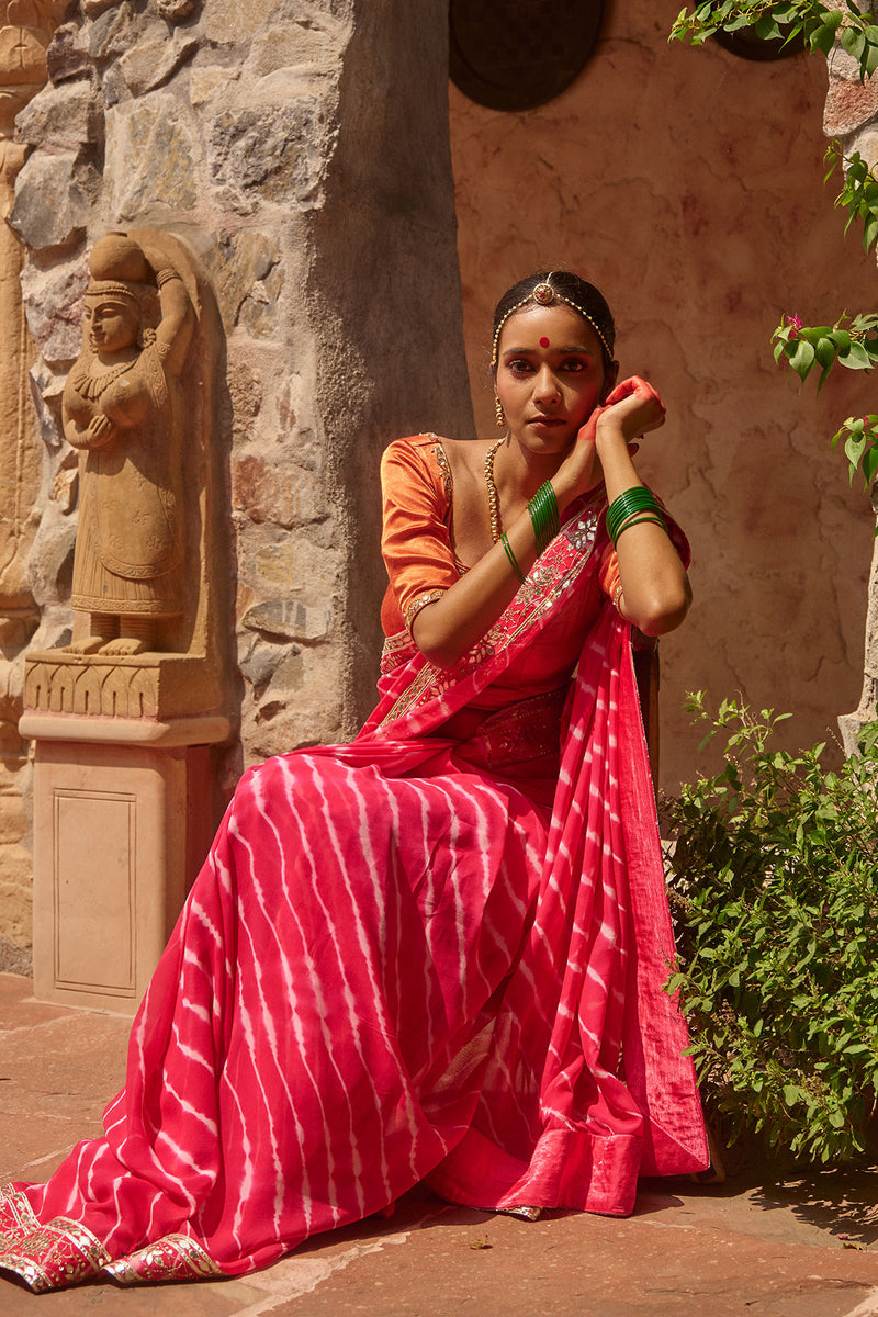 Gulnar – Rani Pink Leheriya Saree with Terracotta Blouse