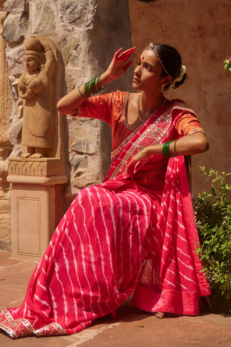 Gulnar – Rani Pink Leheriya Saree with Terracotta Blouse
