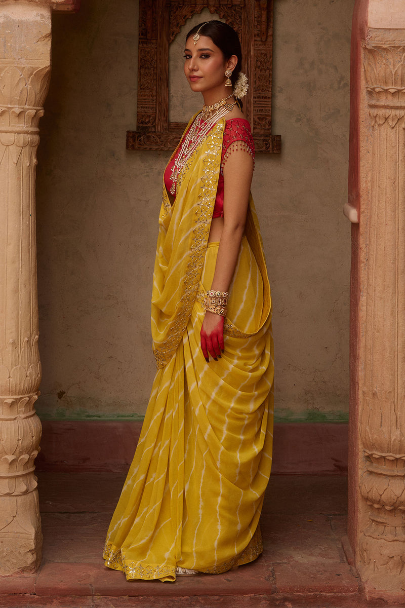Paalki – Ray Flower Yellow Leheriya Saree with Red Palanquin  Blouse
