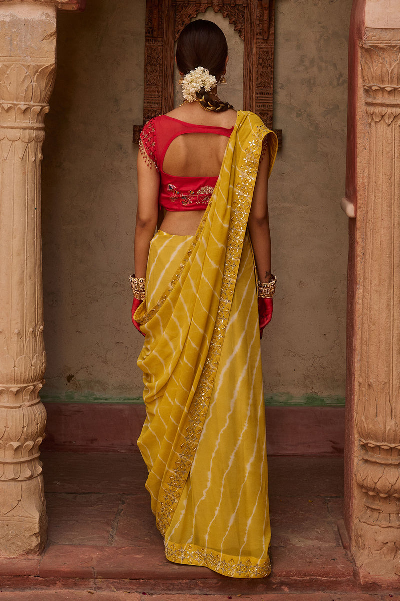 Paalki – Ray Flower Yellow Leheriya Saree with Red Palanquin  Blouse