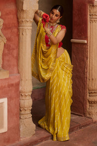 Paalki – Ray Flower Yellow Leheriya Saree with Red Palanquin  Blouse