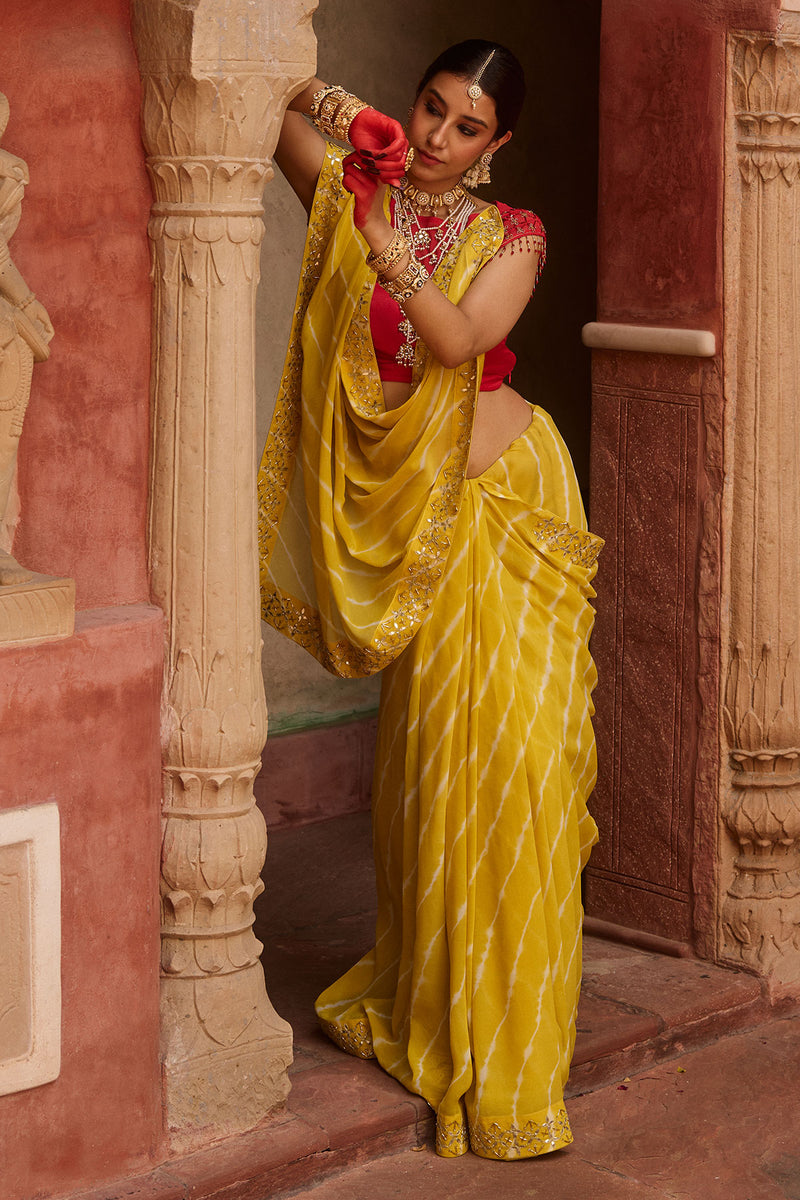 Paalki – Ray Flower Yellow Leheriya Saree with Red Palanquin  Blouse