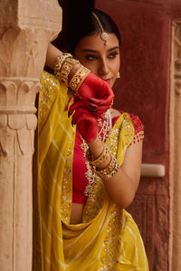Paalki – Ray Flower Yellow Leheriya Saree with Red Palanquin  Blouse