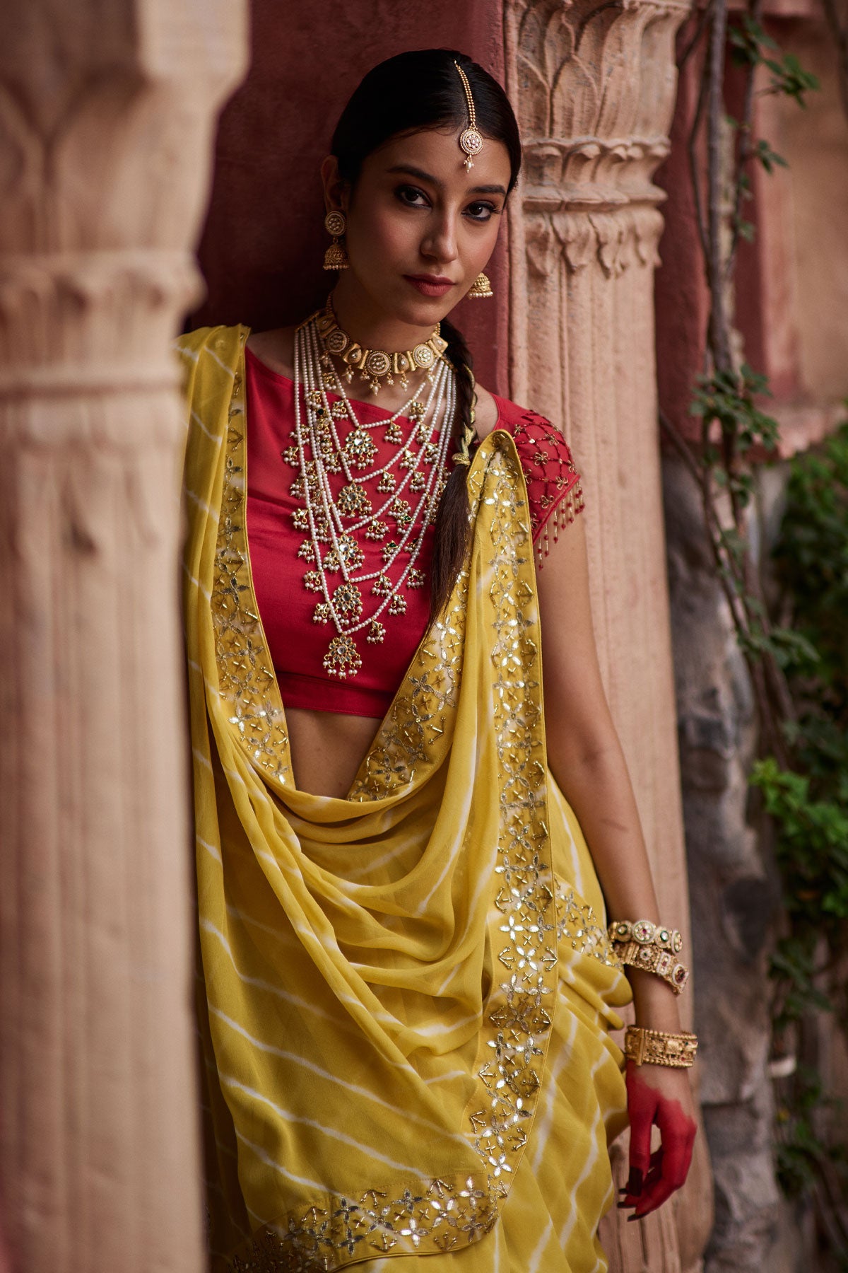Paalki – Ray Flower Yellow Leheriya Saree with Red Palanquin  Blouse