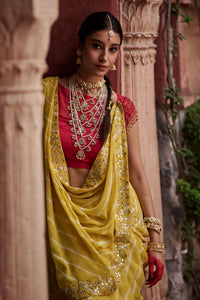 Paalki – Ray Flower Yellow Leheriya Saree with Red Palanquin  Blouse