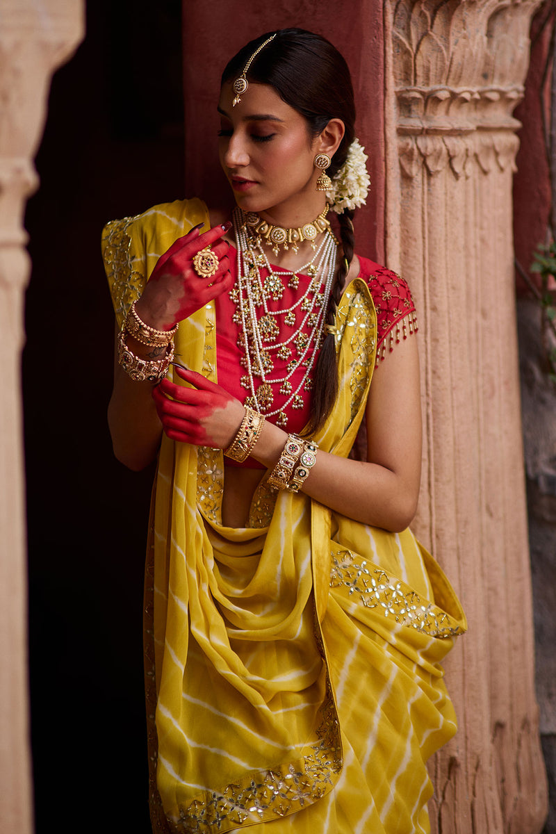 Paalki – Ray Flower Yellow Leheriya Saree with Red Palanquin  Blouse