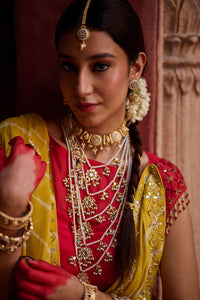 Paalki – Ray Flower Yellow Leheriya Saree with Red Palanquin  Blouse