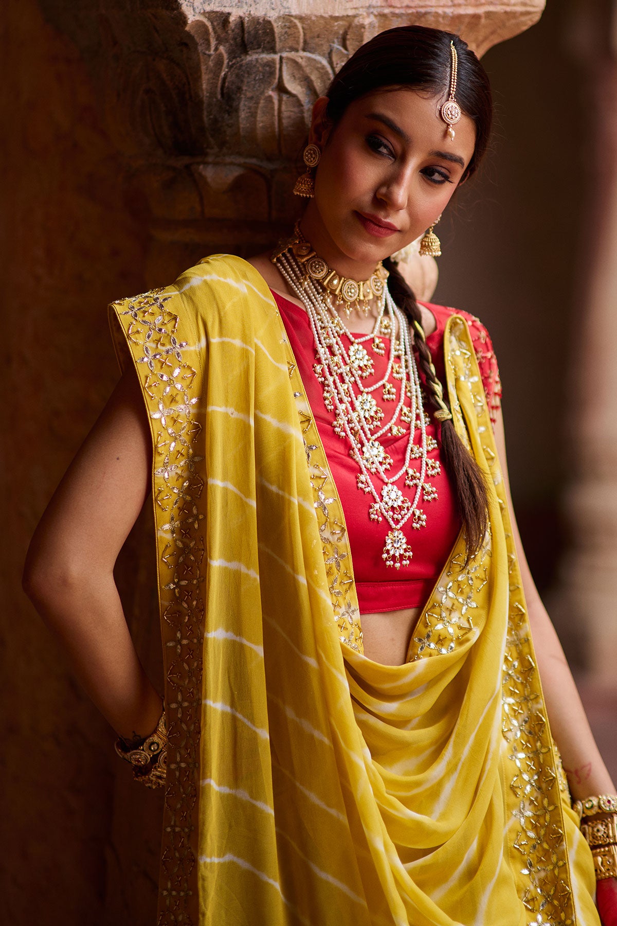 Paalki – Ray Flower Yellow Leheriya Saree with Red Palanquin  Blouse