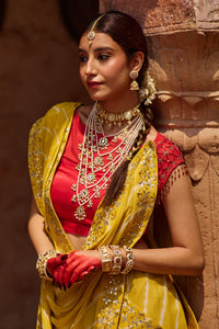 Paalki – Ray Flower Yellow Leheriya Saree with Red Palanquin  Blouse