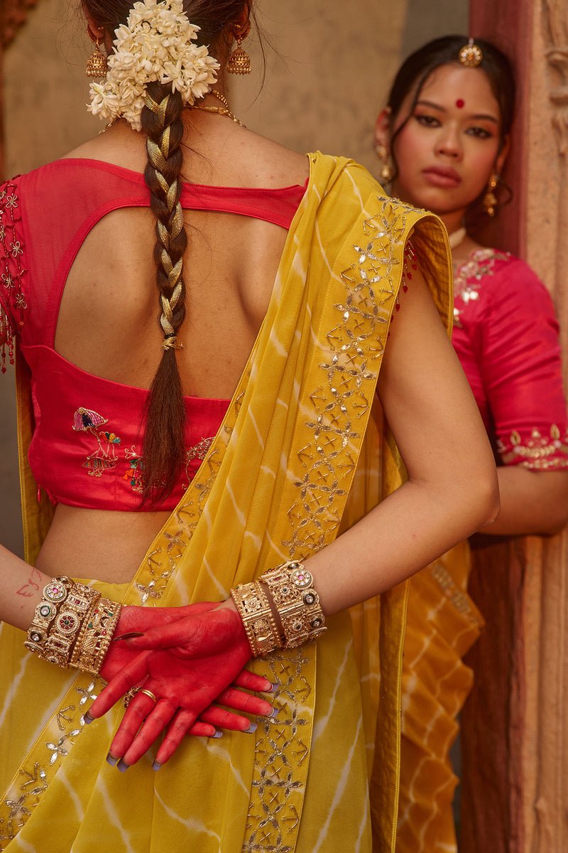 Paalki – Ray Flower Yellow Leheriya Saree with Red Palanquin  Blouse