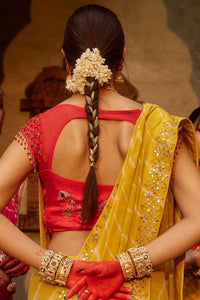 Paalki – Ray Flower Yellow Leheriya Saree with Red Palanquin  Blouse