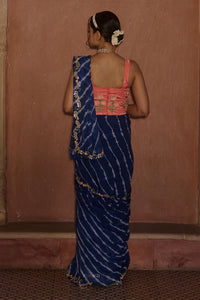 Roopmati – Navy Blue Leheriya Saree with Peach Corset Blouse