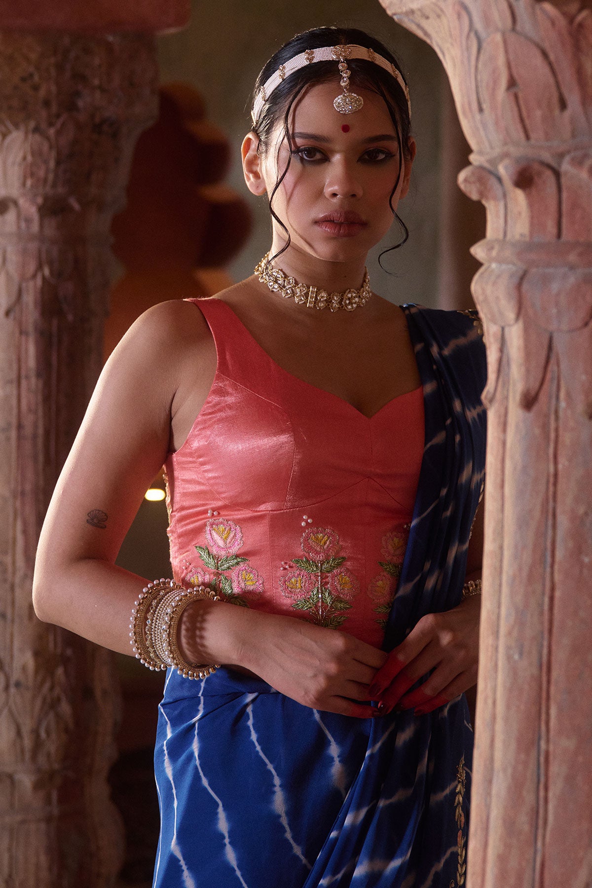 Roopmati – Navy Blue Leheriya Saree with Peach Corset Blouse