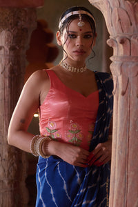 Roopmati – Navy Blue Leheriya Saree with Peach Corset Blouse