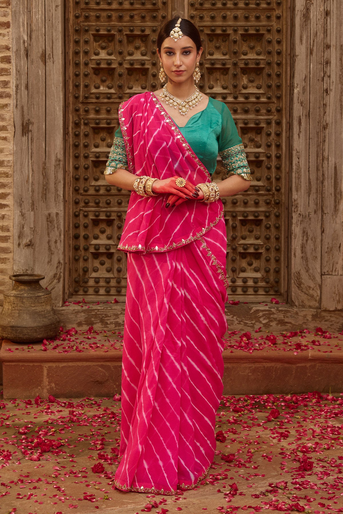 Raj Gulab – Rani Pink Leheriya Saree with Garden Green Blouse
