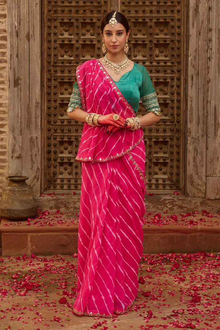 Raj Gulab – Rani Pink Leheriya Saree with Garden Green Blouse