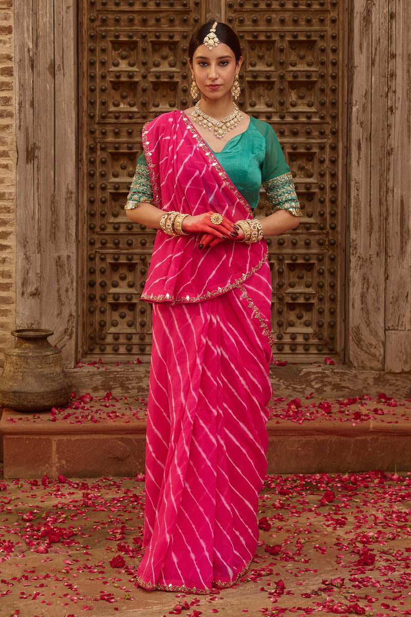 Raj Gulab – Rani Pink Leheriya Saree with Garden Green Blouse