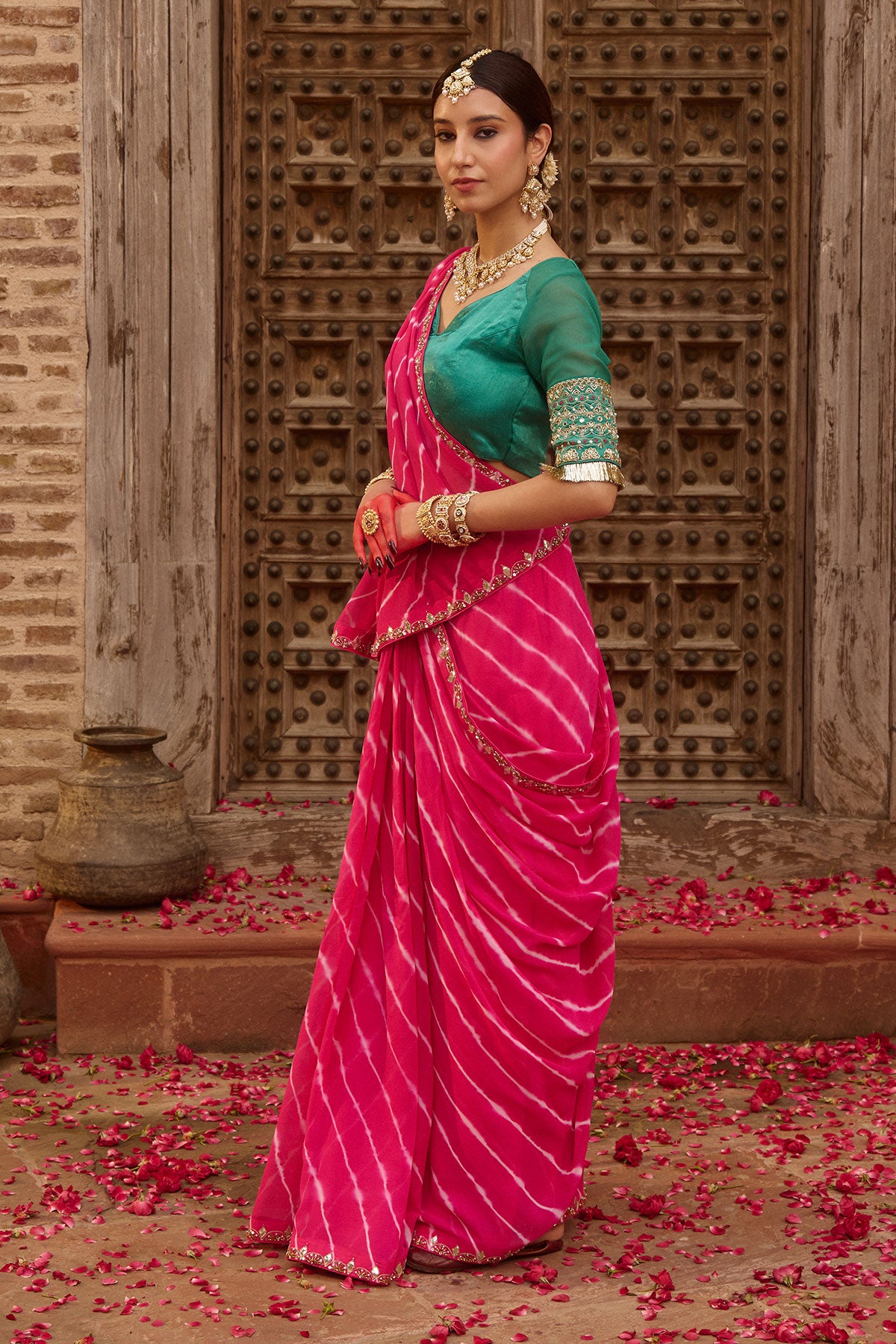 Raj Gulab – Rani Pink Leheriya Saree with Garden Green Blouse