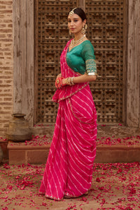 Raj Gulab – Rani Pink Leheriya Saree with Garden Green Blouse