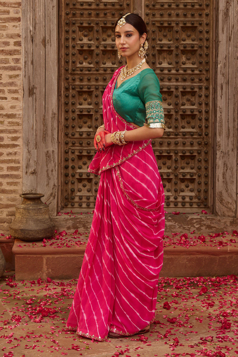Raj Gulab – Rani Pink Leheriya Saree with Garden Green Blouse
