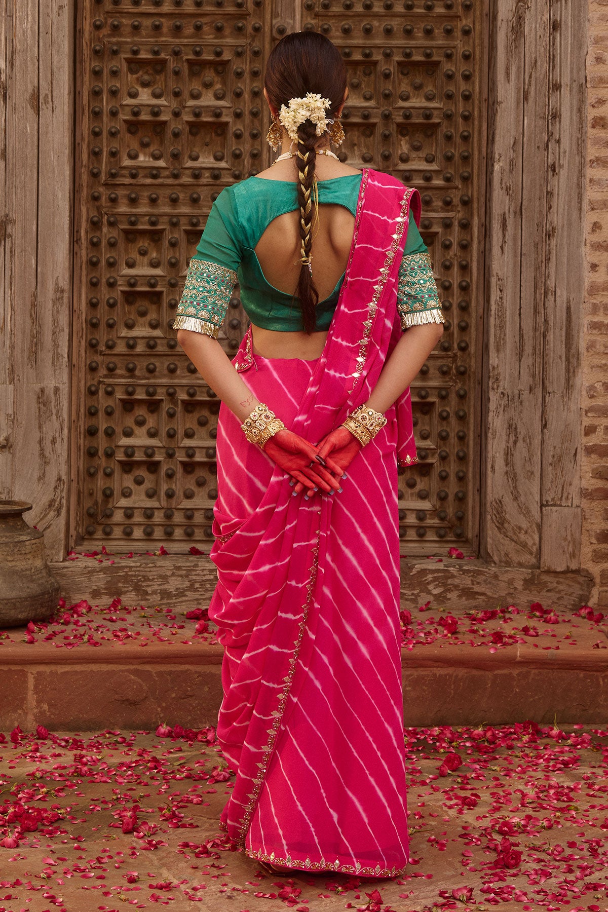 Raj Gulab – Rani Pink Leheriya Saree with Garden Green Blouse