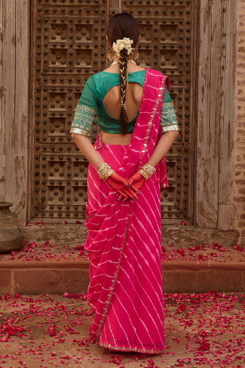 Raj Gulab – Rani Pink Leheriya Saree with Garden Green Blouse