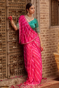 Raj Gulab – Rani Pink Leheriya Saree with Garden Green Blouse