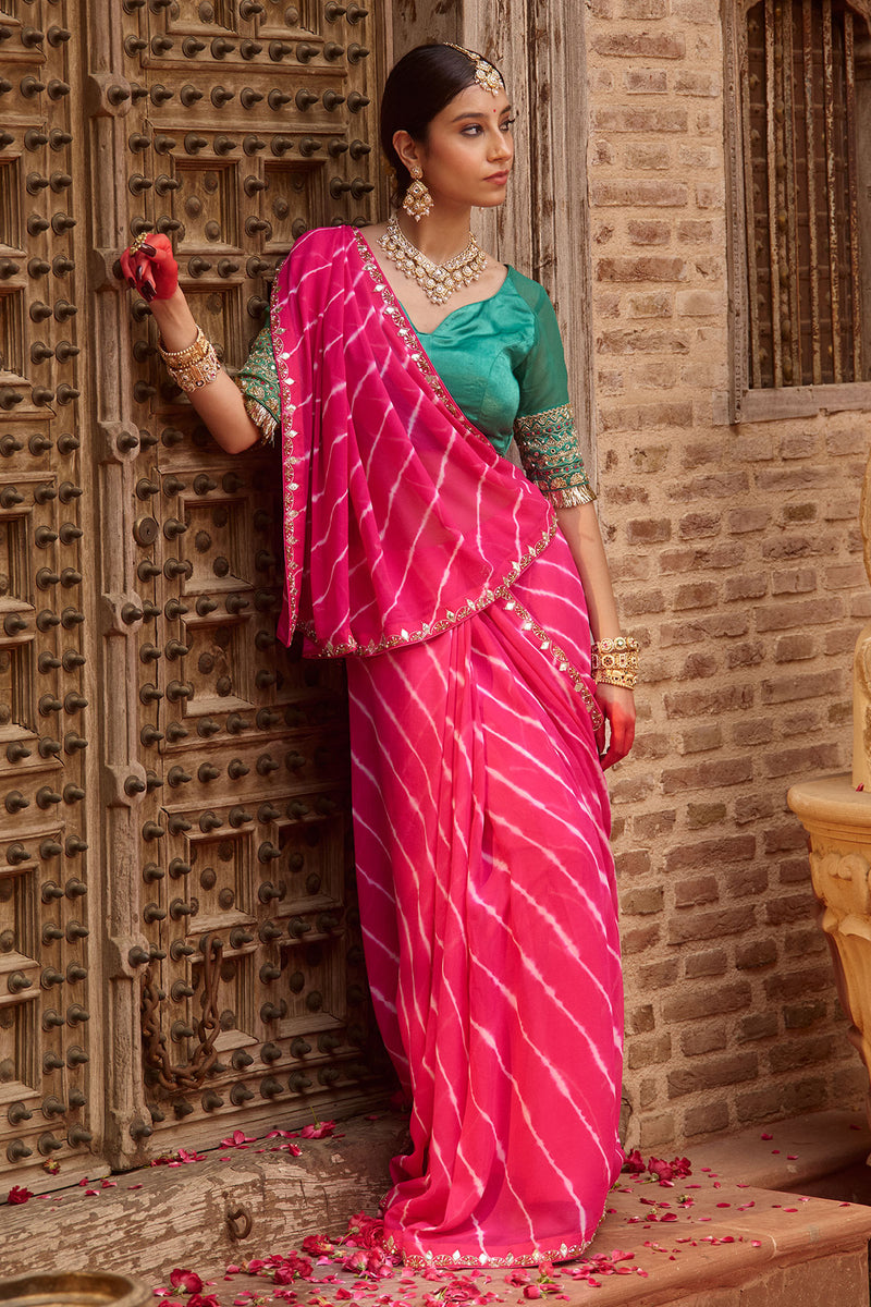 Raj Gulab – Rani Pink Leheriya Saree with Garden Green Blouse