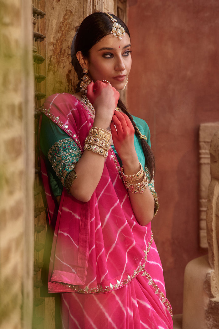 Raj Gulab – Rani Pink Leheriya Saree with Garden Green Blouse