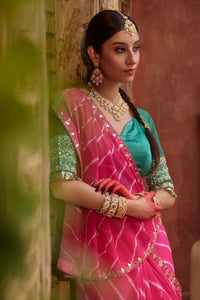 Raj Gulab – Rani Pink Leheriya Saree with Garden Green Blouse