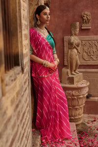 Raj Gulab – Rani Pink Leheriya Saree with Garden Green Blouse