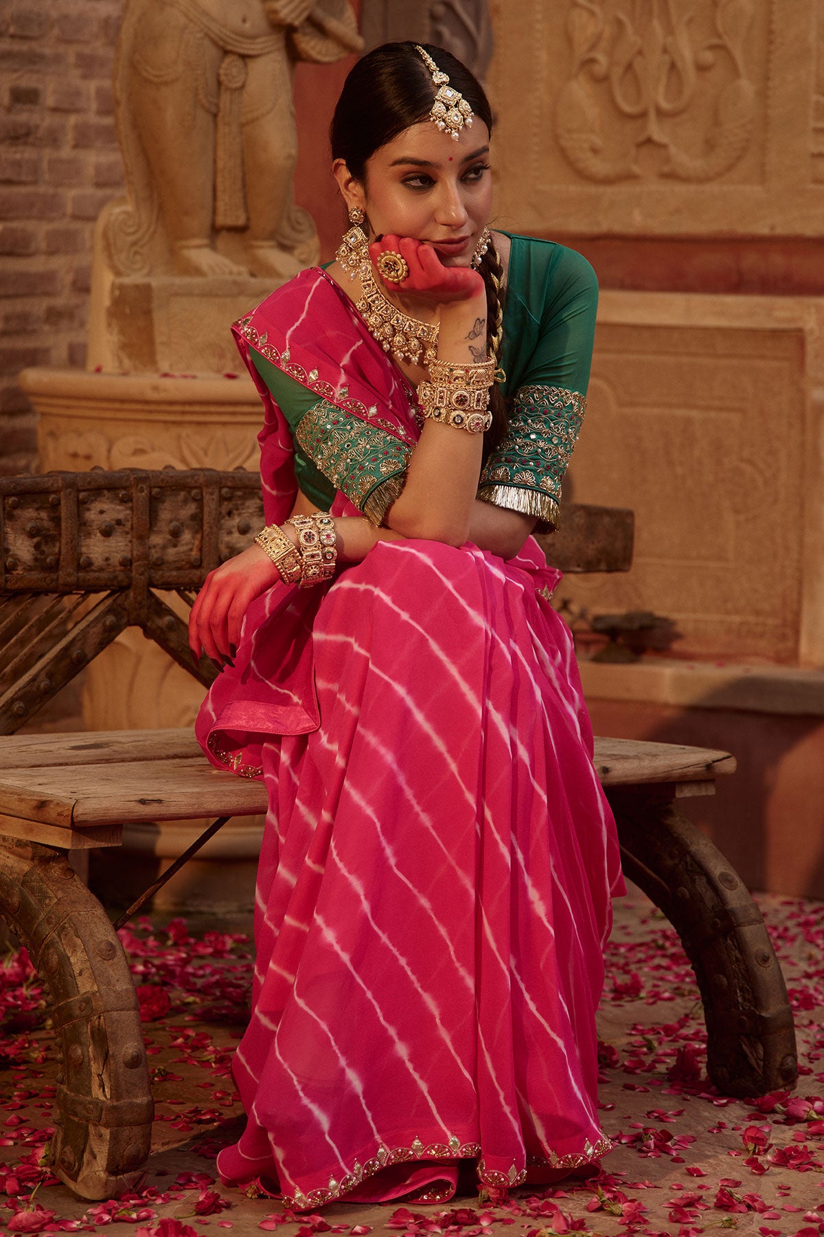 Raj Gulab – Rani Pink Leheriya Saree with Garden Green Blouse