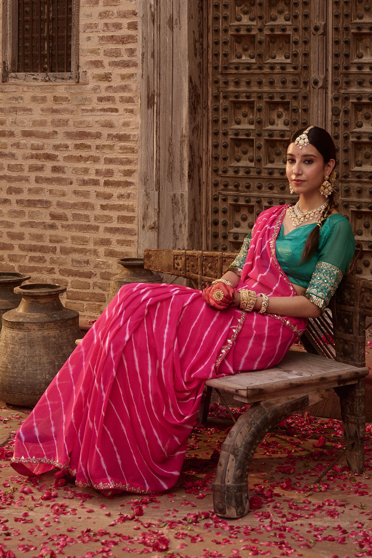 Raj Gulab – Rani Pink Leheriya Saree with Garden Green Blouse