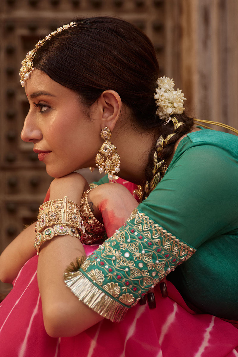 Raj Gulab – Rani Pink Leheriya Saree with Garden Green Blouse