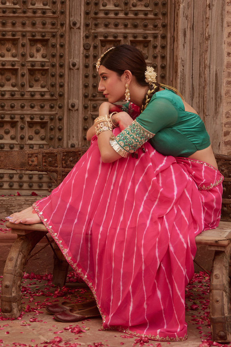 Raj Gulab – Rani Pink Leheriya Saree with Garden Green Blouse