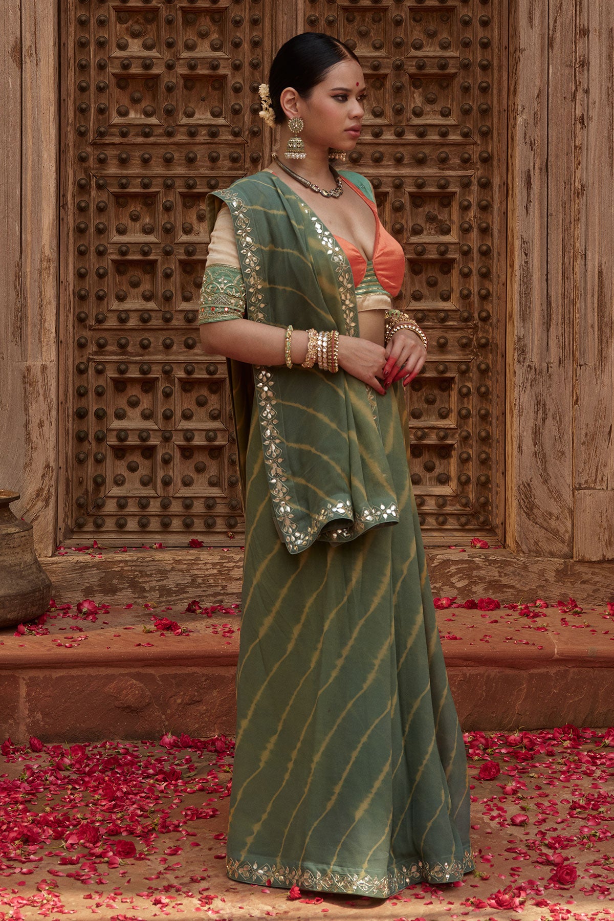 Gajgamini – Sage Green Leheriya Saree with Tri-Colour Panelled Blouse