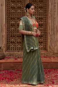 Gajgamini – Sage Green Leheriya Saree with Tri-Colour Panelled Blouse