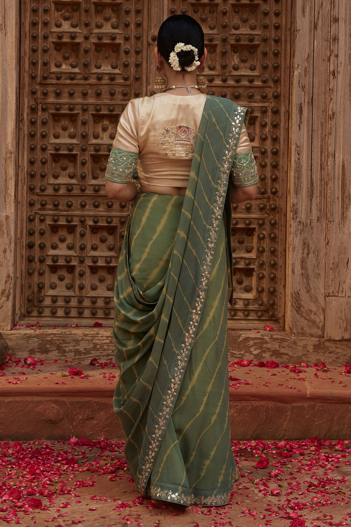 Gajgamini – Sage Green Leheriya Saree with Tri-Colour Panelled Blouse