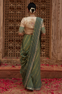 Gajgamini – Sage Green Leheriya Saree with Tri-Colour Panelled Blouse