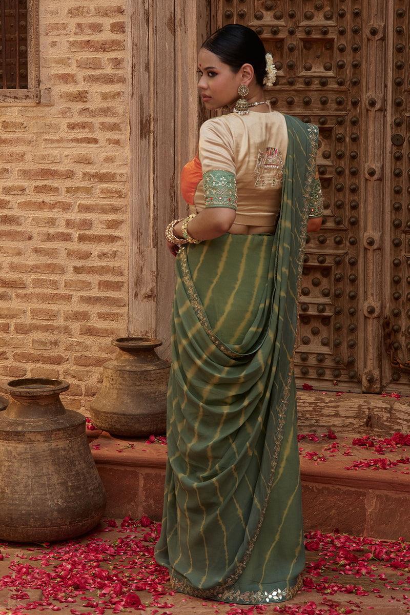 Gajgamini – Sage Green Leheriya Saree with Tri-Colour Panelled Blouse