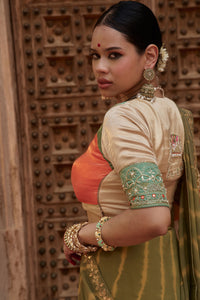 Gajgamini – Sage Green Leheriya Saree with Tri-Colour Panelled Blouse