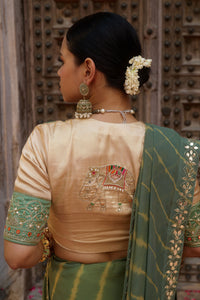 Gajgamini – Sage Green Leheriya Saree with Tri-Colour Panelled Blouse