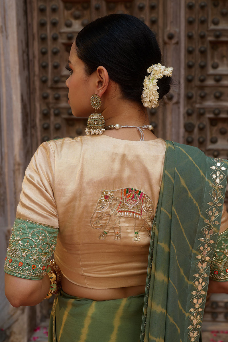 Gajgamini – Sage Green Leheriya Saree with Tri-Colour Panelled Blouse