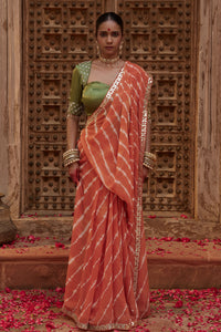 Kesari Saaz – Terracotta Leriya Saree with Olive Green Blouse