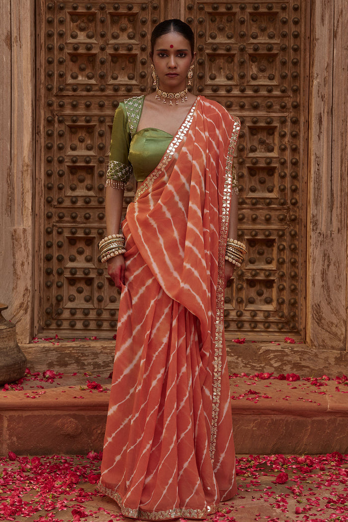 Kesari Saaz – Terracotta Leriya Saree with Olive Green Blouse