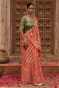 Kesari Saaz – Terracotta Leriya Saree with Olive Green Blouse