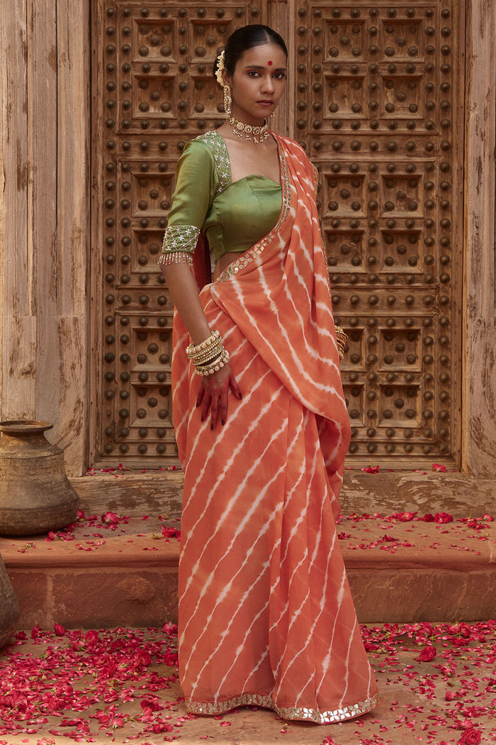 Kesari Saaz – Terracotta Leriya Saree with Olive Green Blouse